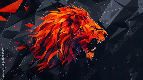 A sports team emblem, featuring a fierce, stylized lion's head roaring, with flames for its mane in shades of red and orange, set against a dynamic, 