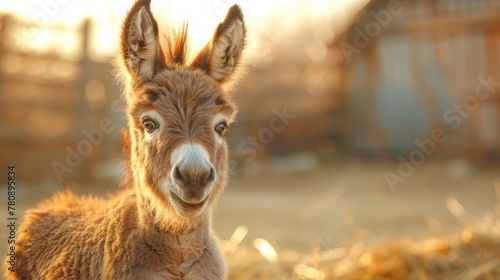   A tight shot of a small donkey gazing into the camera, background faintly blurred with hay in the foreground © Anna