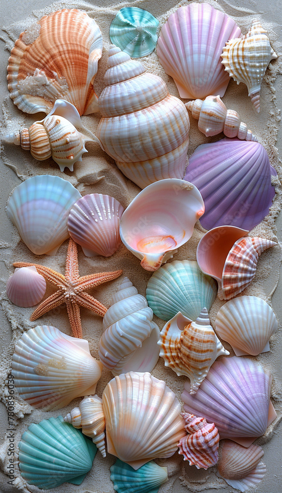 Vibrant beach seashell display environment, 3d wallpaper Vibrant beach seashell display environment, 3d wallpaper