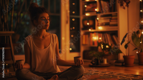  beautiful woman meditating at home, casual, happy and peaceful
