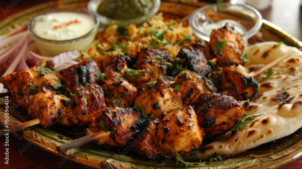 Traditional pakistani chicken tikka with accompaniments
