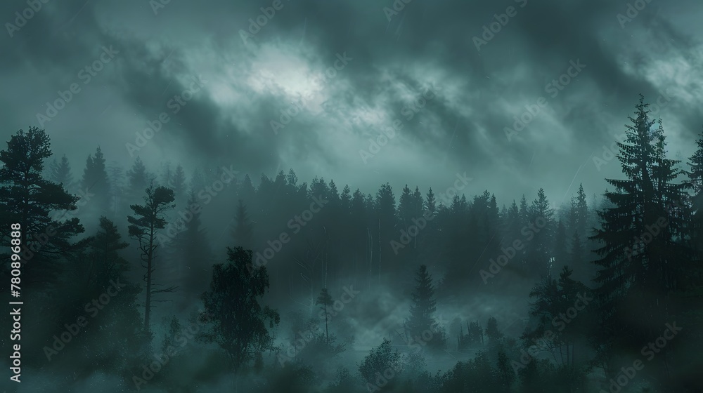 A thick, dark forest just before a storm, with dark clouds overhead casting the entire forest in a deep shadow, and the wind beginning to howl through the trees. - obrazy, fototapety, plakaty 
