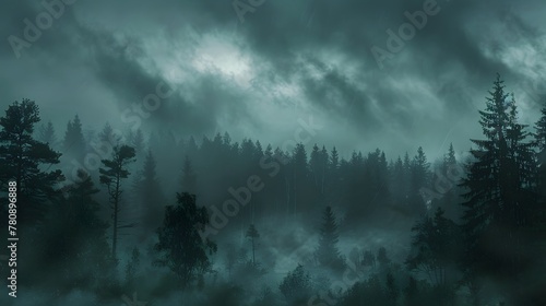 A thick, dark forest just before a storm, with dark clouds overhead casting the entire forest in a deep shadow, and the wind beginning to howl through the trees. photo