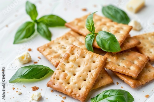 Crunchy crackers with cottage cheese and basil on a white surface