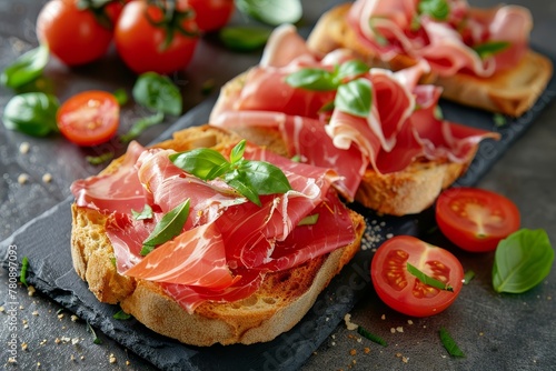 Crusty toast with fresh tomatoes prosciutto and Iberian ham Delicious Italian and Spanish appetiser