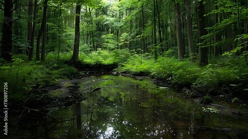 A thick, dark forest with a small, clear stream winding through it, reflecting the sparse light that filters through the dense canopy above