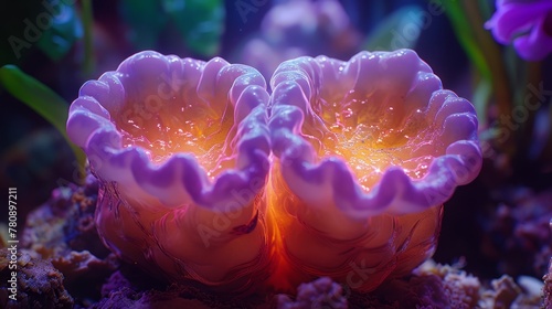  A tight shot of an orange-purple sea anemone on coral, surrounded by additional anemones in the background