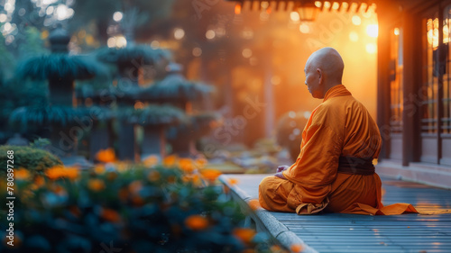 Buddhist Monk at Sunset