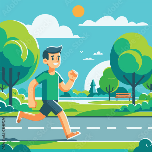 A cartoon depicting a man jogging happily in a park