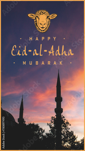 Eid al-Adha card with mosque silhouette against a vibrant sunset sky. History,post . . Vector illustration
