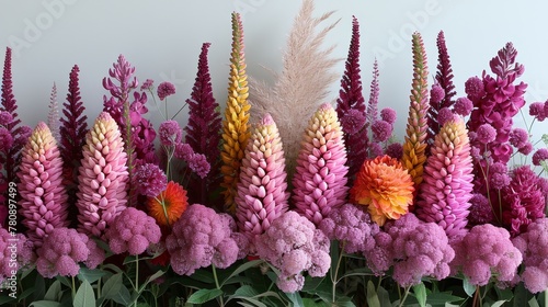  A row of purple and yellow flowers aligned next to one another, backed by a white wall