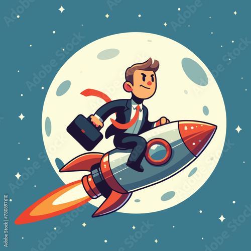 businessman riding a rocket towards the moon in flat design
