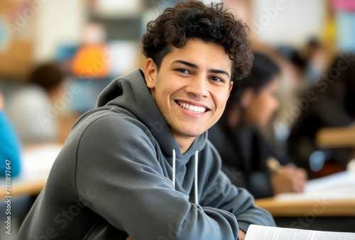 Young man sitting at desk with book in front of him.