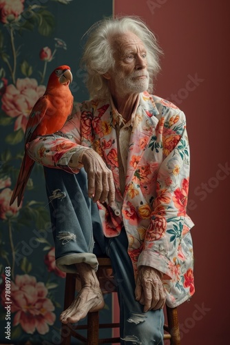 A striking fashion portrait featuring an older man with long white hair and beard, holding a parrot on his hand. Against a vibrant pink background, this image exudes eccentricity and style. (ID: 780897683)