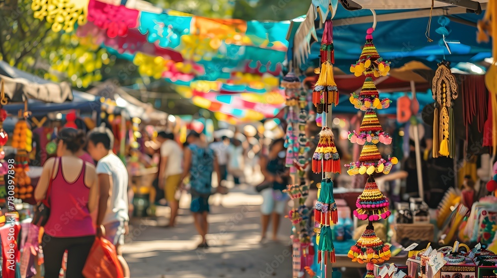 A vibrant marketplace in full swing during a summer festival, with stalls adorned with colorful decorations and selling a variety of seasonal goods.