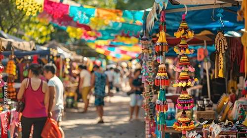 A vibrant marketplace in full swing during a summer festival, with stalls adorned with colorful decorations and selling a variety of seasonal goods.