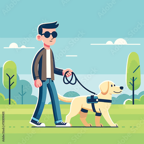 blind man with a guide dog walking in a park