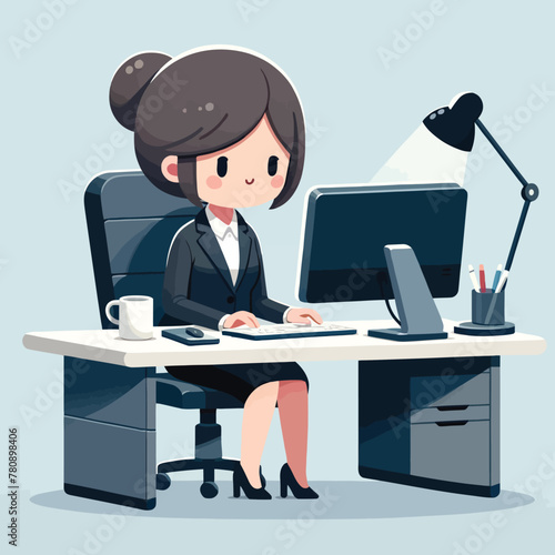 An administrative woman working at a computer, looking at a screen with a flat design style