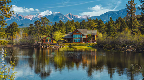 House by the lake with mountains in the background