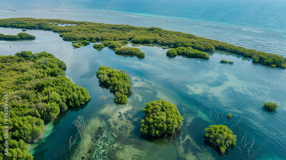 Aerial view of a lush mangrove forest in coastal wetlands