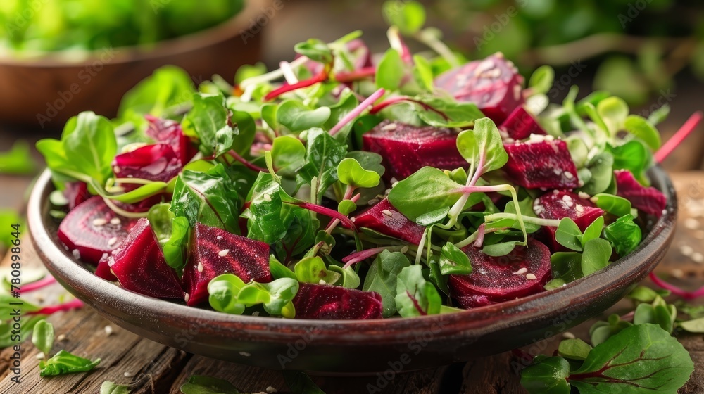 A wooden table holds a bowl filled with beets, topped with greens Nearby, another bowl presents lettuce A wooden table holds a bowl filled with beets, topped with greens Nearby, another bowl presents lettuce