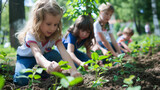 Group of children planting saplings on sunny day in park