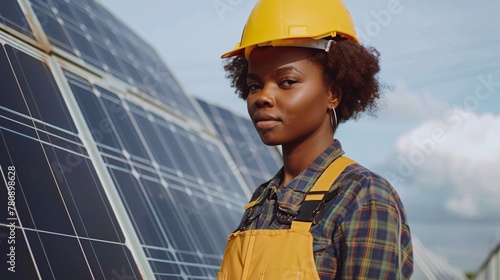 Portrait of a African American female engineer in a hard hat working with solar panels. photo