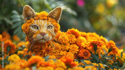 Marigold flower cat, floral sculpture, nature art, stock photo. 