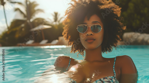 Stylish woman with sunglasses enjoying a sunny day in the pool, tropical vacation concept. photo