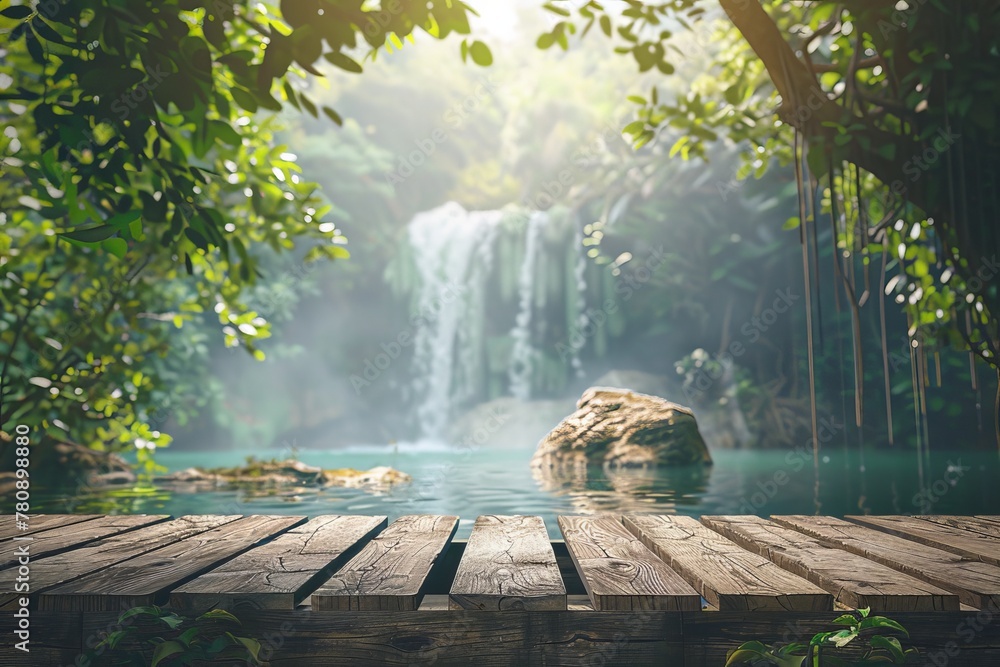 Desk with empty space and stunning nature backdrop for product display online media advertising and nature business presentation Desk with empty space and stunning nature backdrop for product display online media advertising and nature business presentation