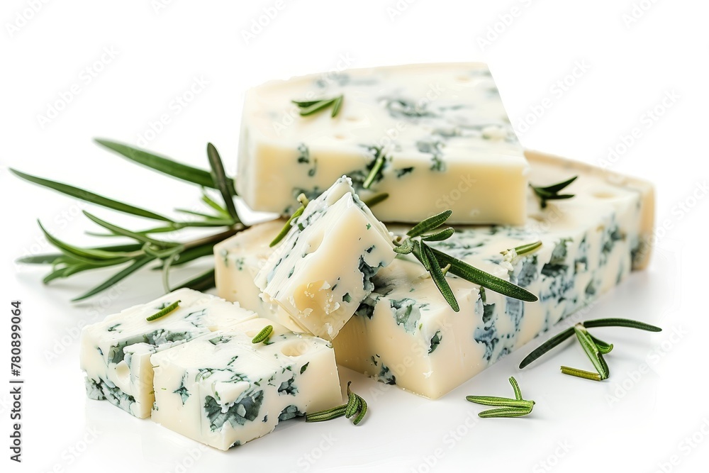 Diced blue cheese with rosemary on white background