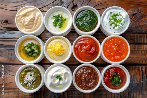 Different dips on wood table overhead view