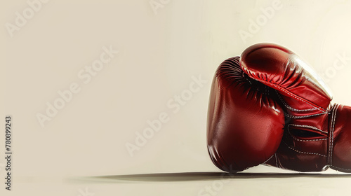 Red boxing glove on a beige background with soft shadow