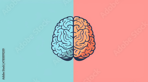 Half blue, half pink background with a split brain illustration.
