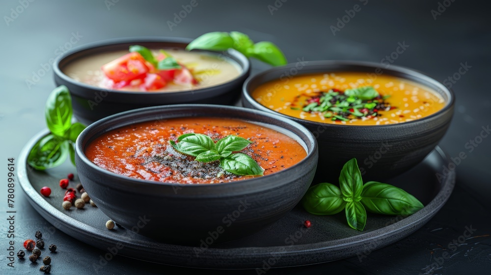   Three bowls of soup on a plate, garnished with basil and pepper sprigs