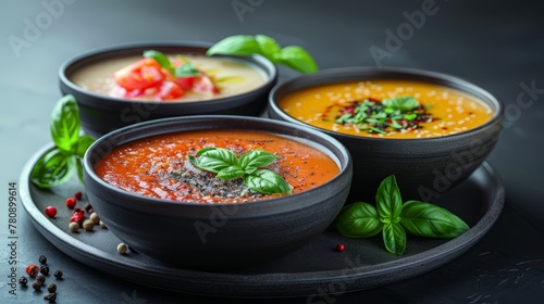   Three bowls of soup on a plate, garnished with basil and pepper sprigs