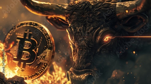 Fiery Bull with Bitcoin Symbol Bull Market Representation in Flames financial art