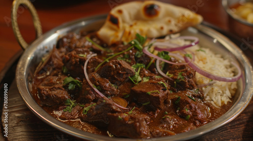 Traditional pakistani beef curry with sides