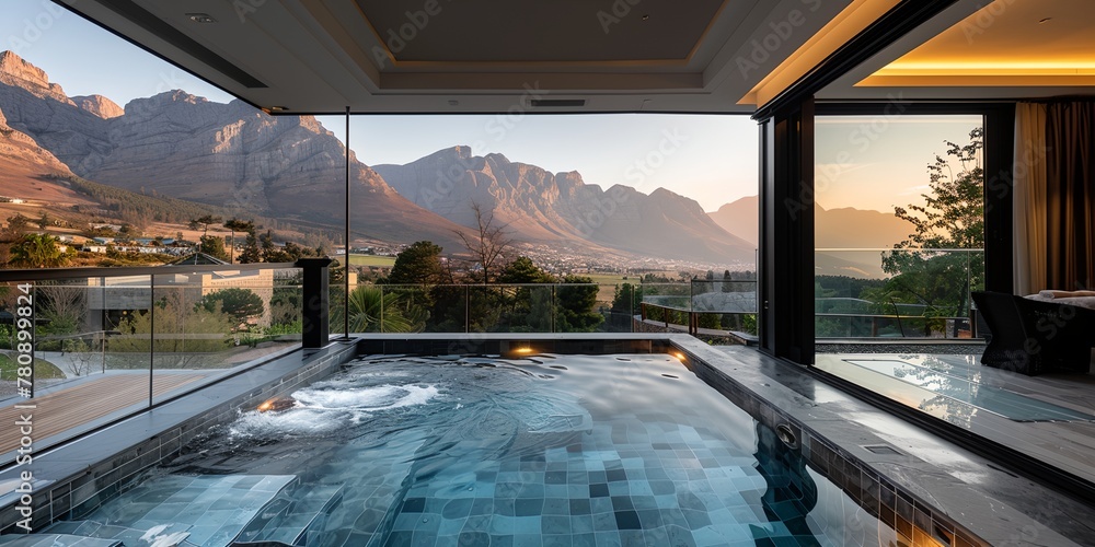 Fototapeta premium Luxury spa pool with mountain view.