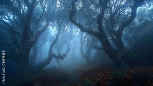 An eerie, mist-filled forest at dawn, with towering, gnarled trees shrouded in fog, and the first rays of sun struggling to penetrate the thick canopy