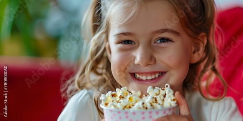 A young girl is smiling and holding a bowl of popcorn