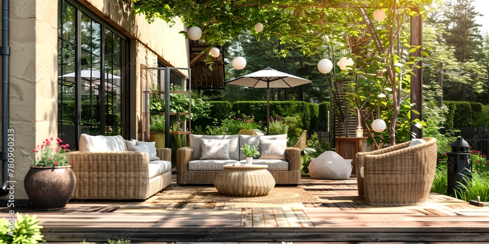 Beautiful patio with a wooden deck and a lush green lawn. The area is furnished with a variety of comfortable seating options, including a couch, chairs, and a coffee table Beautiful patio with a wooden deck and a lush green lawn. The area is furnished with a variety of comfortable seating options, including a couch, chairs, and a coffee table