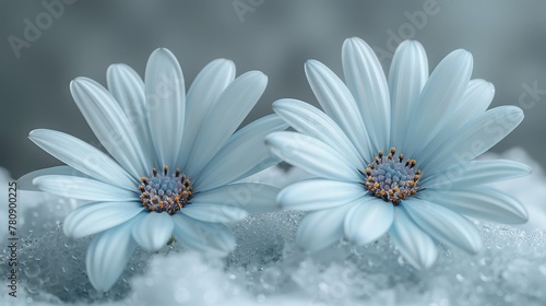  A couple of blue flowers atop a snow-covered ground, specked with falling snowflakes