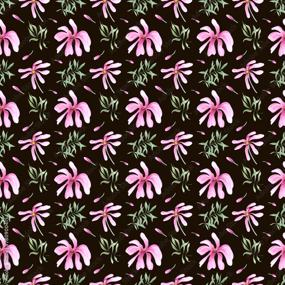 Abstract pink flowers and greenery. Seamless pattern of spring plants. Green leaves and magnolia flowers. Watercolor illustration isolated on black background. For textile, package