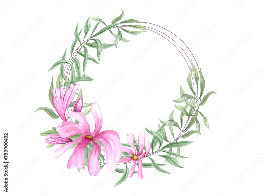 Obraz premium Abstract pink flowers. Round romantic frame with copy space for text. Green leaves and magnolia flowers. Watercolor illustration isolated on white background. For postcards, invitation, greetings