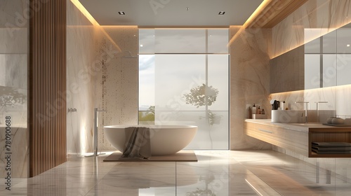 An elegant bathroom design in high definition, featuring a large, frosted glass window next to a freestanding tub, offering natural light while ensuring privacy. © Love Mohammad