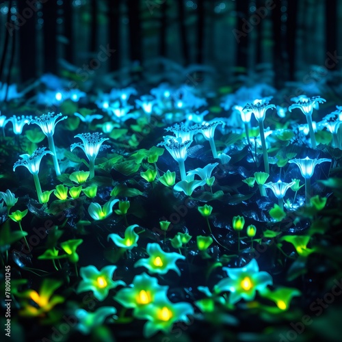 Bioluminescent forest at night. Background for design, print, card (greeting card), banner, poster, flyer, advertising, wallpaper.