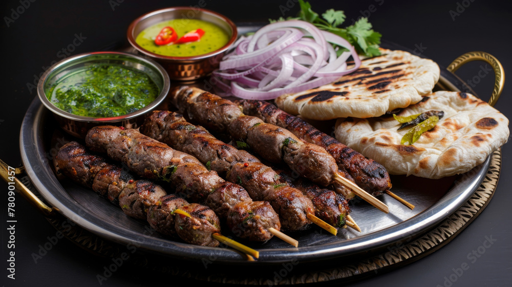 Traditional pakistani seekh kebabs with sides