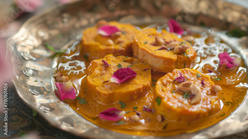 Traditional pakistani dessert sohan halwa on ornate platter photo