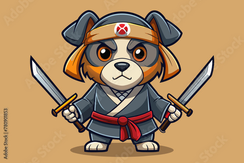 Cartoon illustration of a Dog dressed in a ninja outfit with katanas looking directly at the camera, suitable for a fun and original t-shirt design. plain white background 